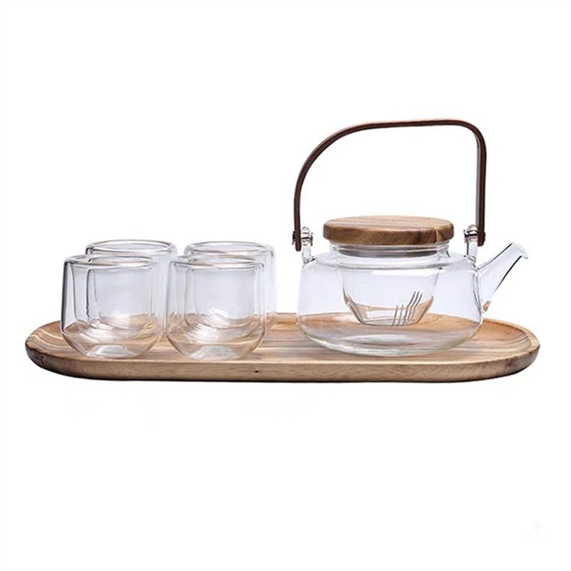 Glass Teapot Rural Style Acacia Wood Heat Resistant Glass Teapot Flower Tea Pot Glass Tea Set CK-H10