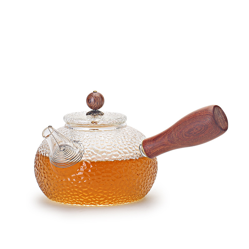 Glass Teapot Solid Wood Handle Hammer Pattern Side Handle Teapot High Temperature Resistant Filter H
